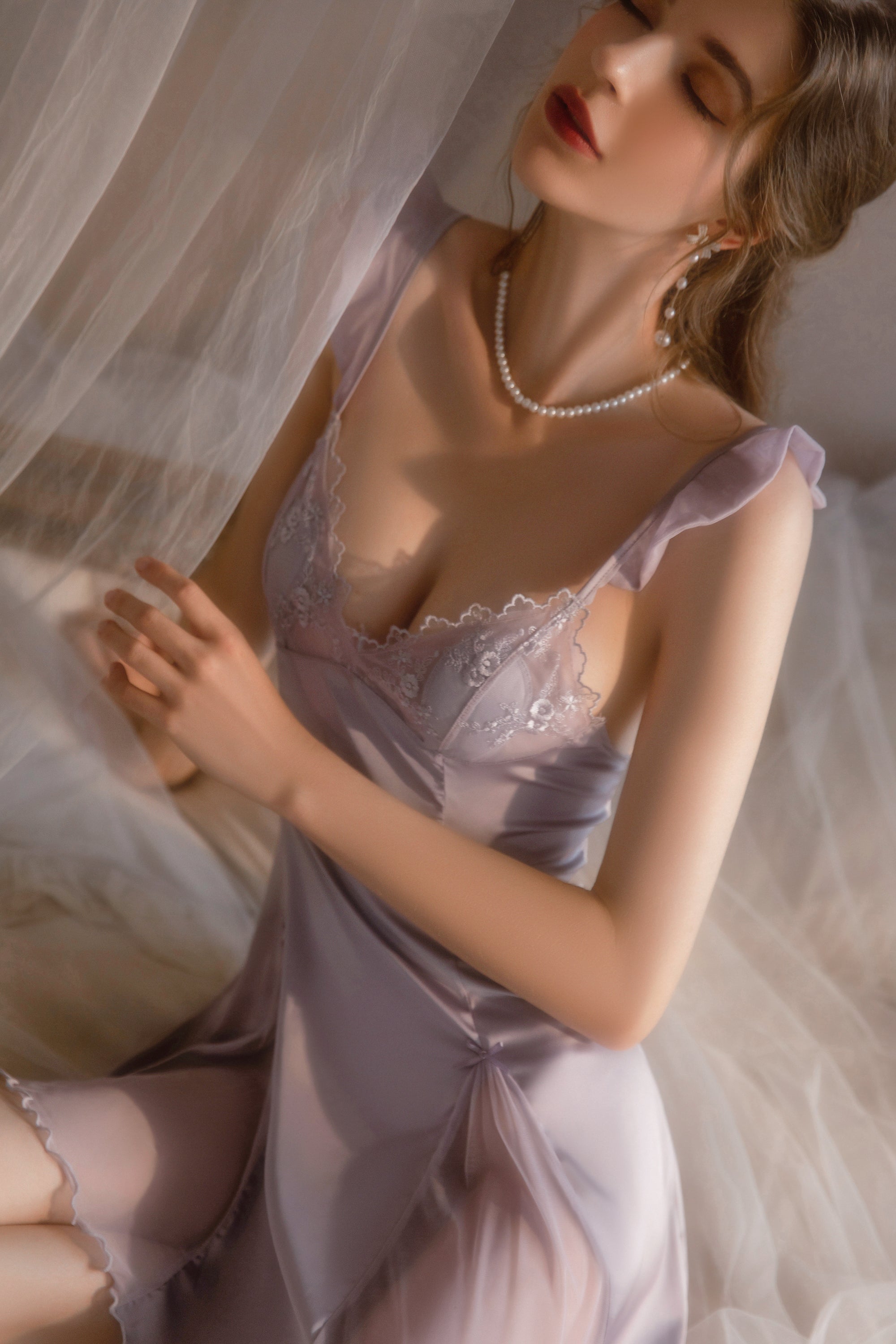 Lace Trimmed Satin Chemise with Deep V-Neck and Flared Skirt