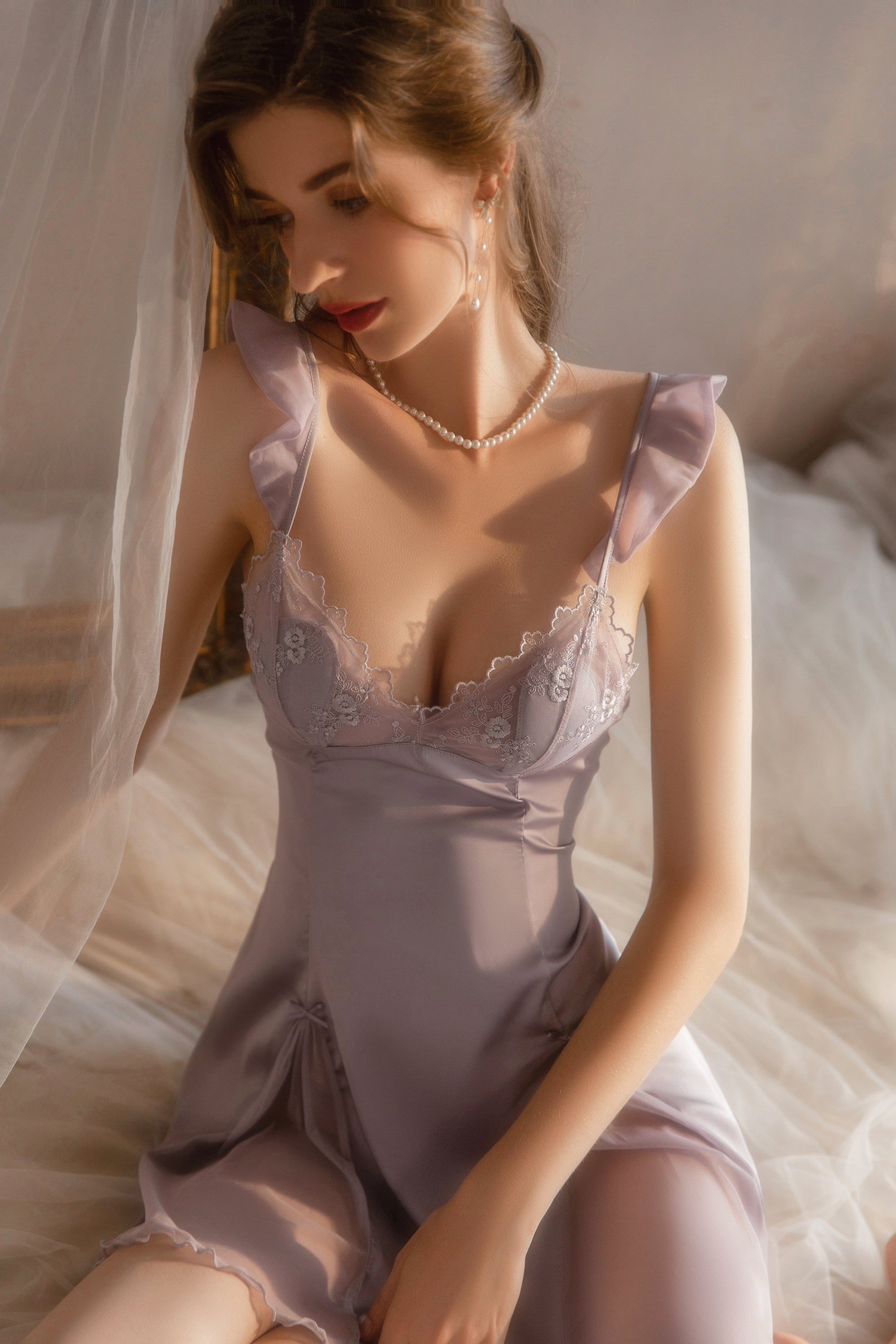 Lace Trimmed Satin Chemise with Deep V-Neck and Flared Skirt