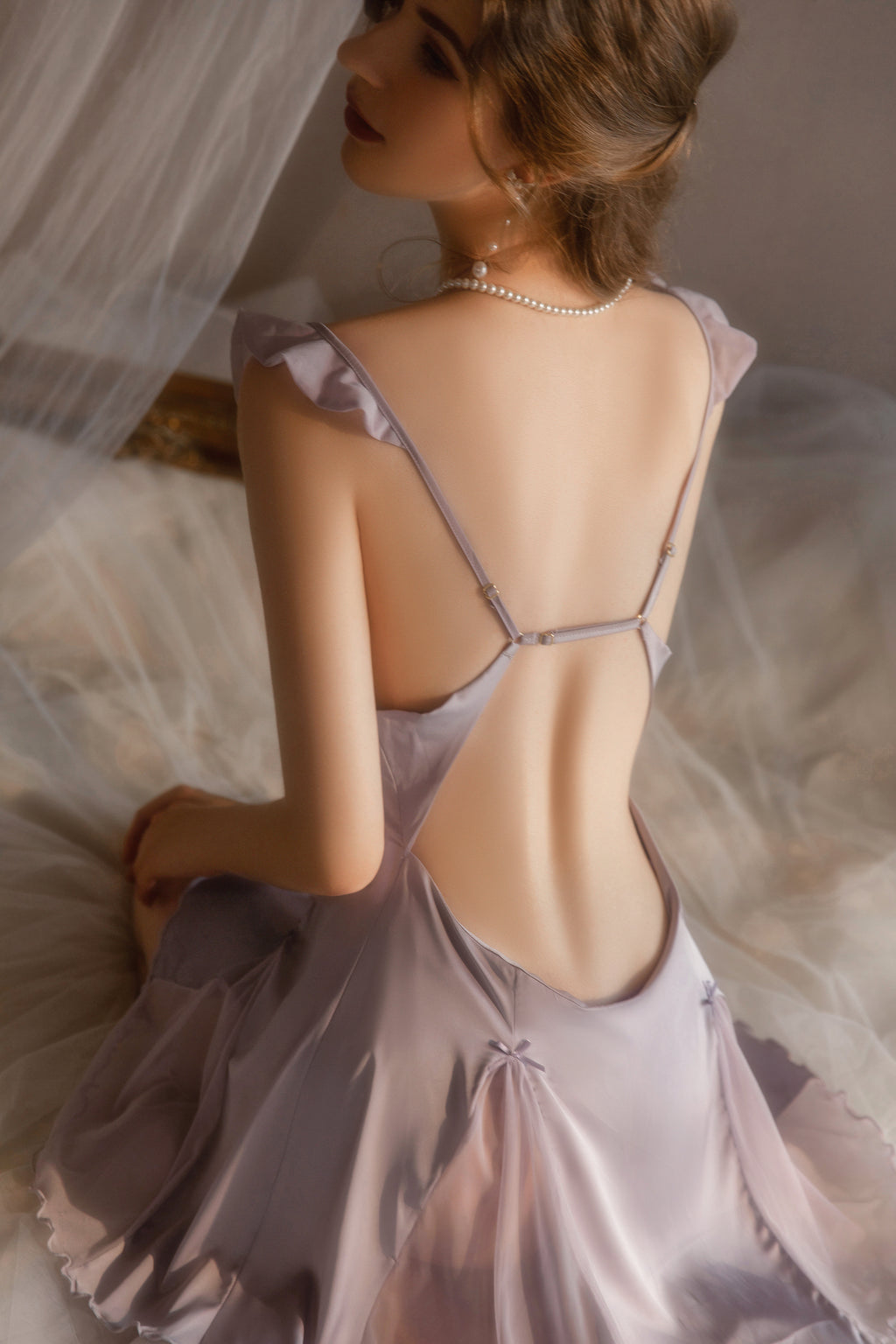 Lace Trimmed Satin Chemise with Deep V-Neck and Flared Skirt