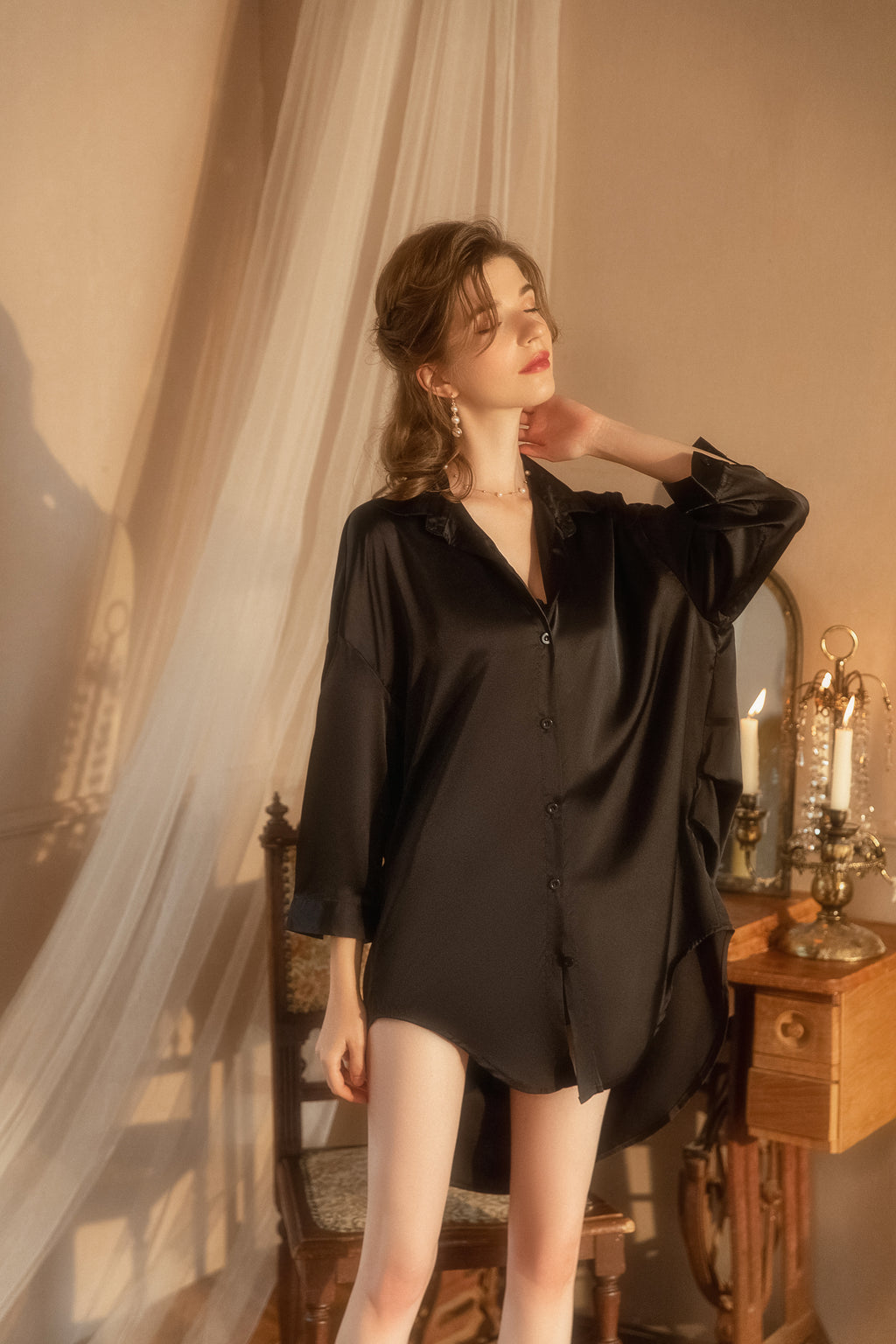 Lace Trimmed Satin Robe Set with Matching Cami and Shorts