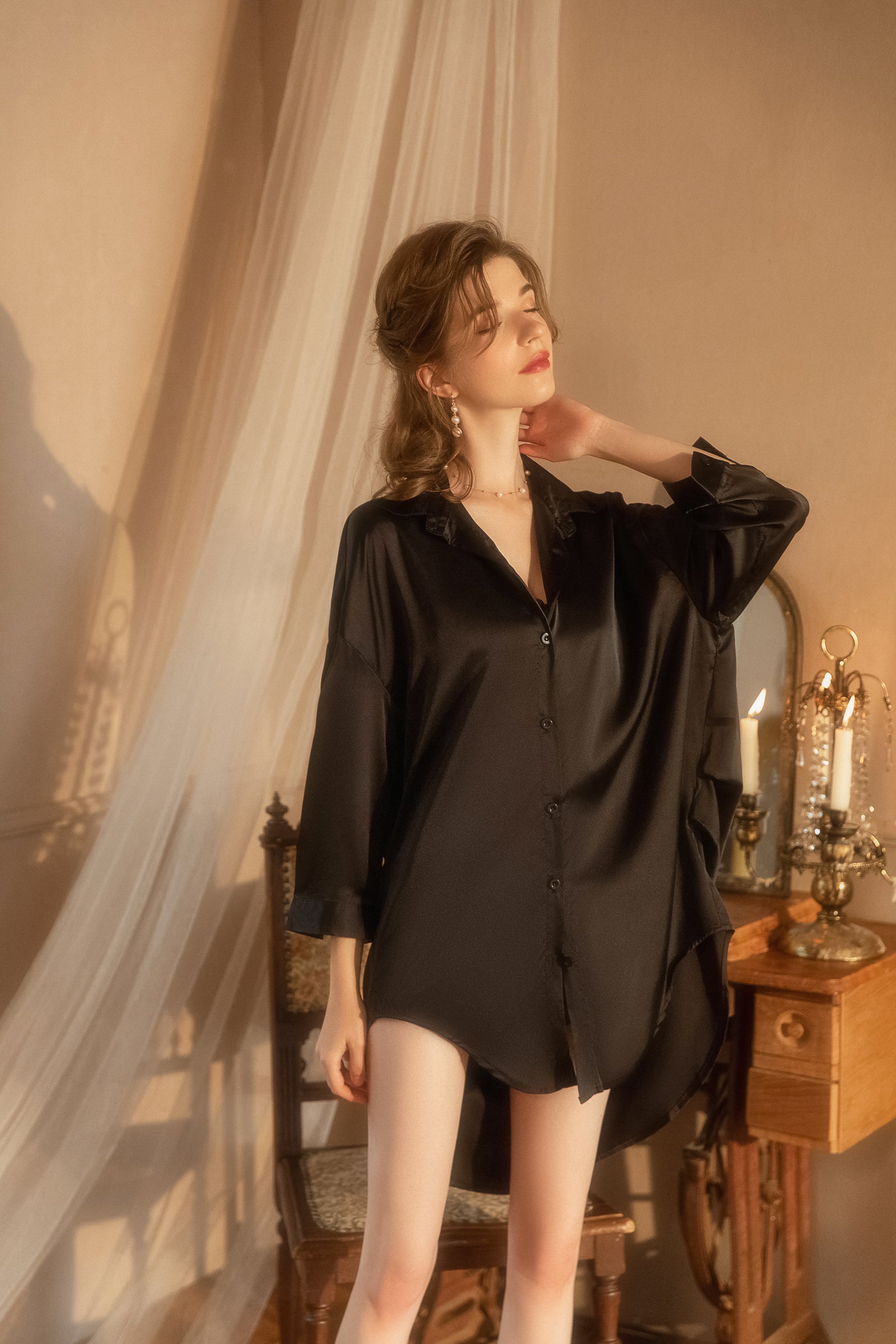 Lace Trimmed Satin Robe Set with Matching Cami and Shorts
