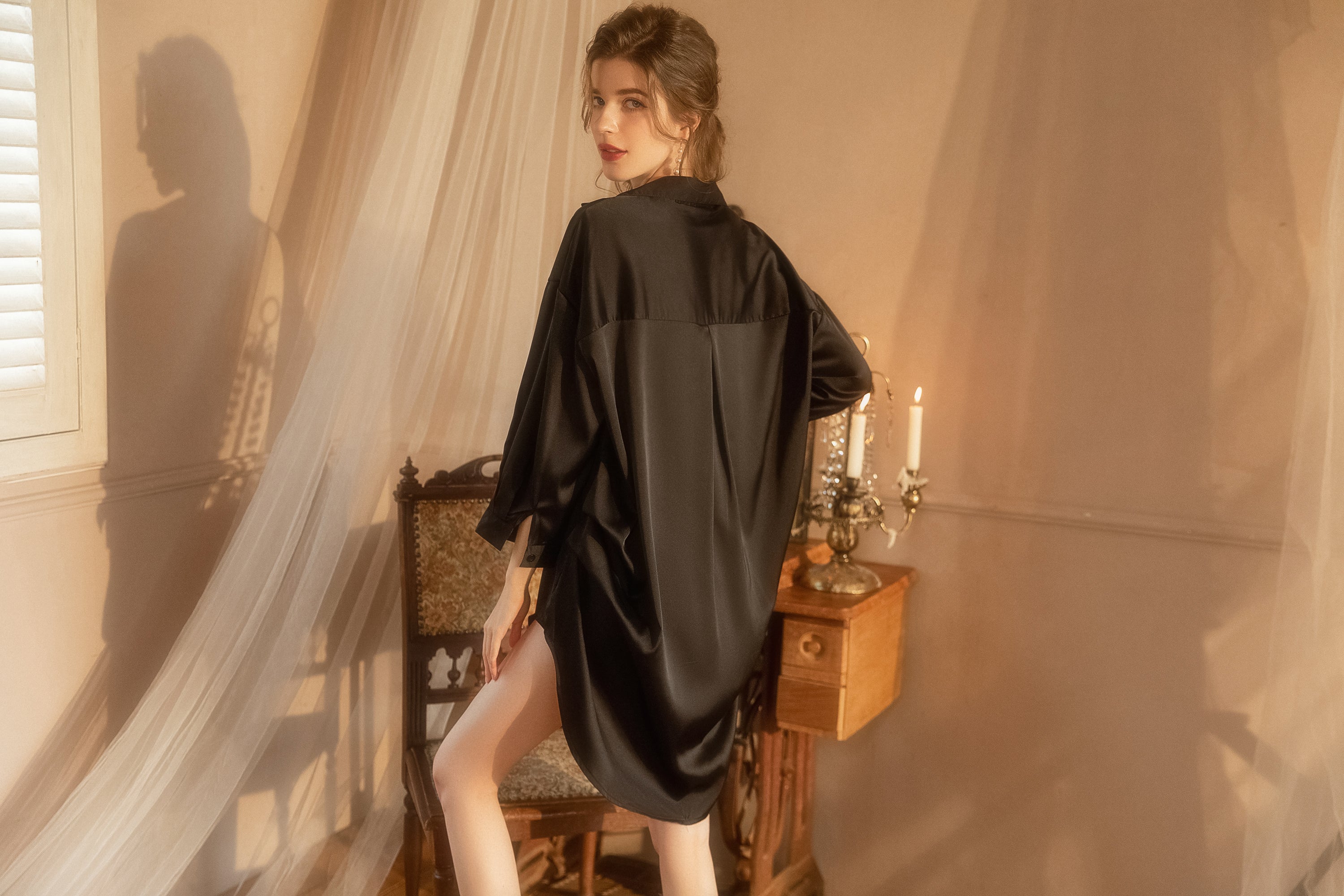 Lace Trimmed Satin Robe Set with Matching Cami and Shorts