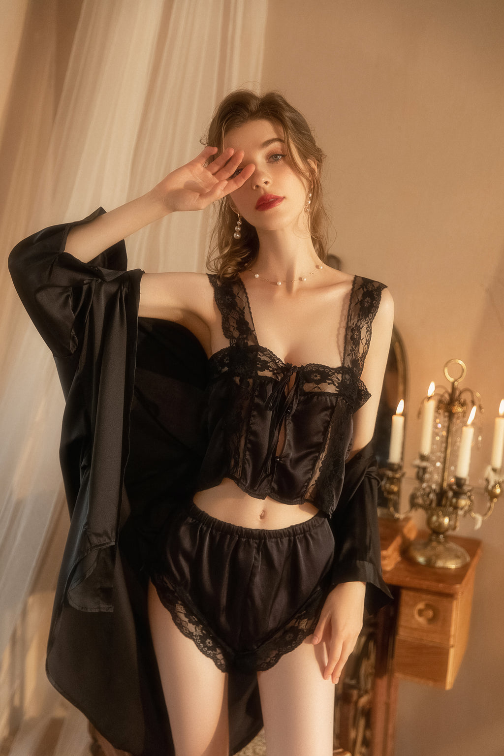 Lace Trimmed Satin Robe Set with Matching Cami and Shorts