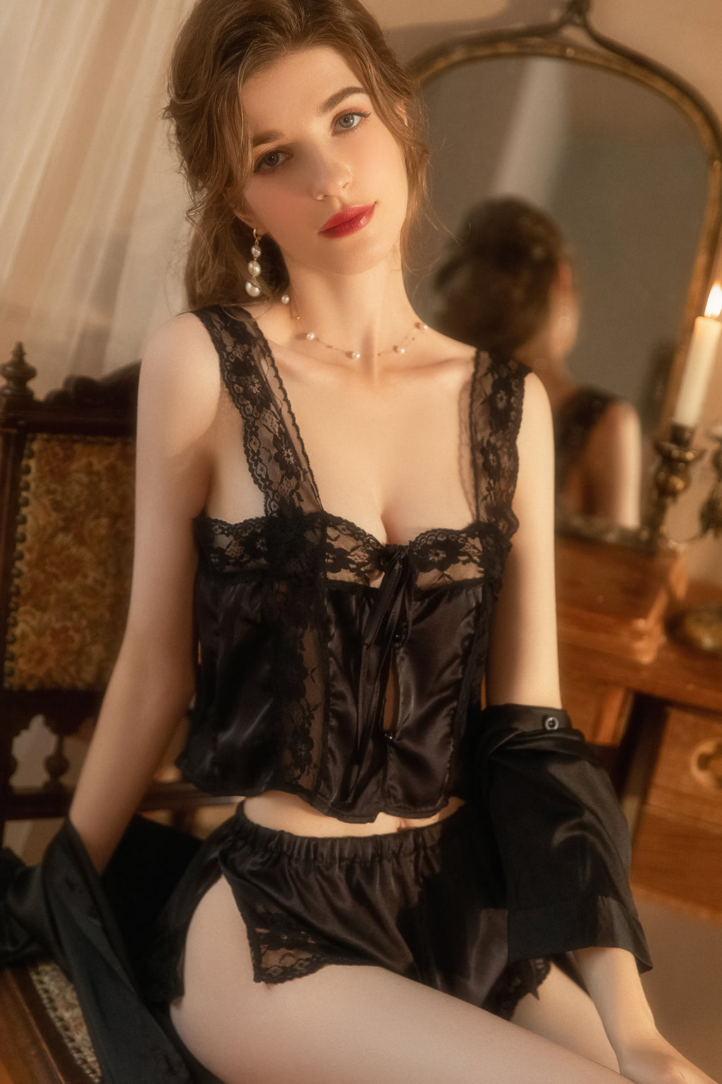 Lace Trimmed Satin Robe Set with Matching Cami and Shorts