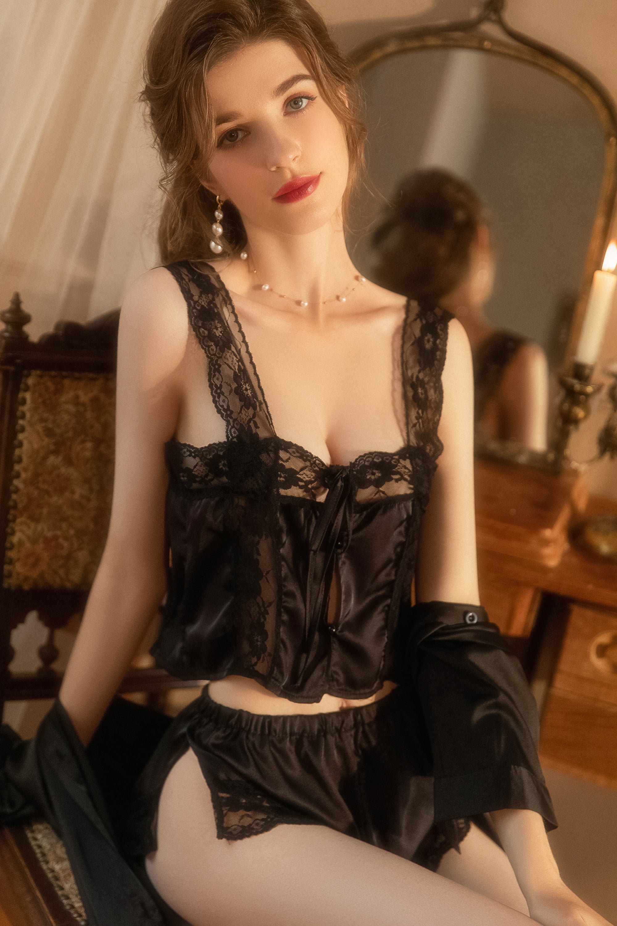 Lace Trimmed Satin Robe Set with Matching Cami and Shorts