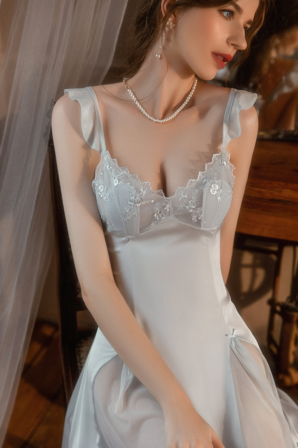 Lace Trimmed Satin Chemise with Deep V-Neck and Flared Skirt