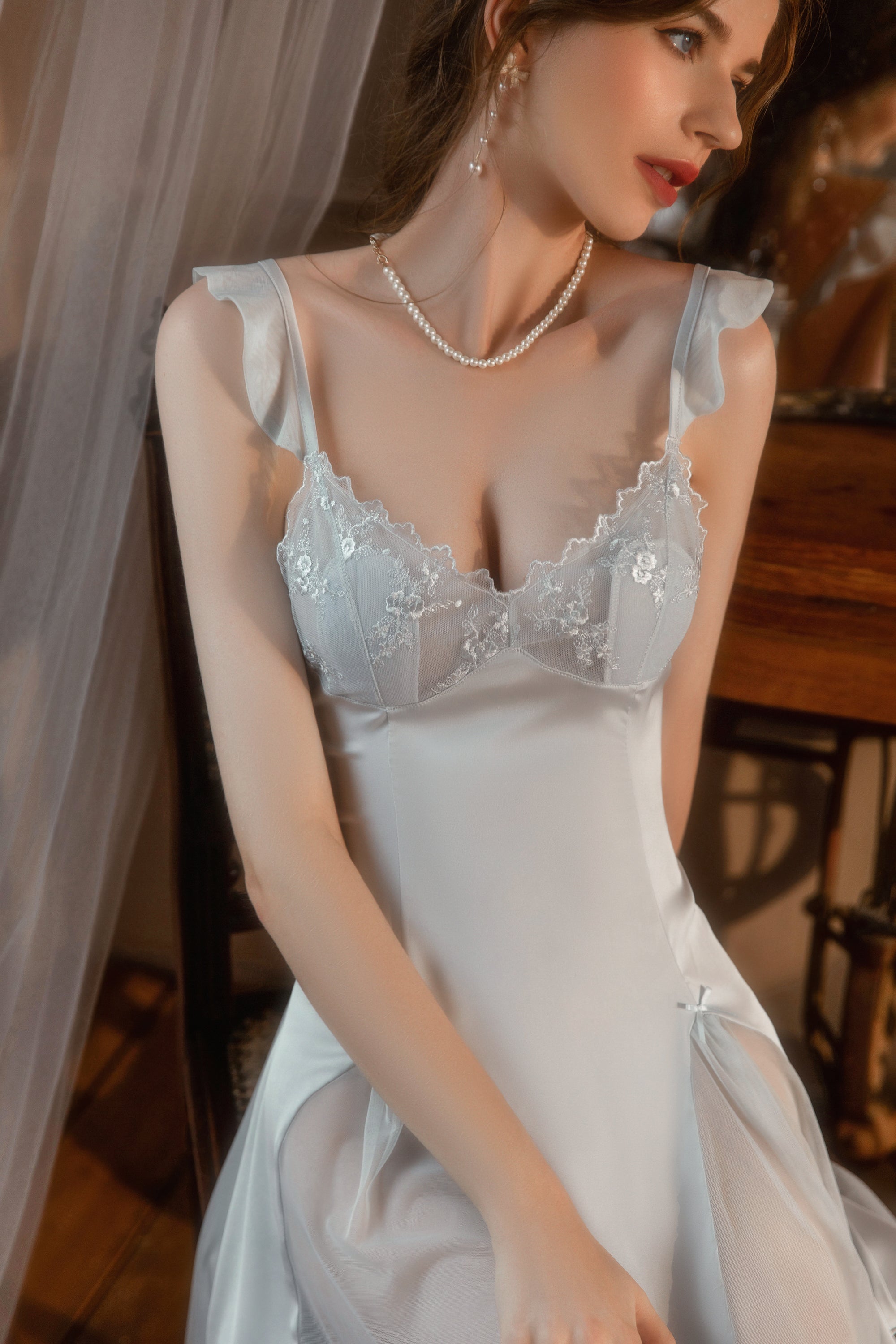 Lace Trimmed Satin Chemise with Deep V-Neck and Flared Skirt