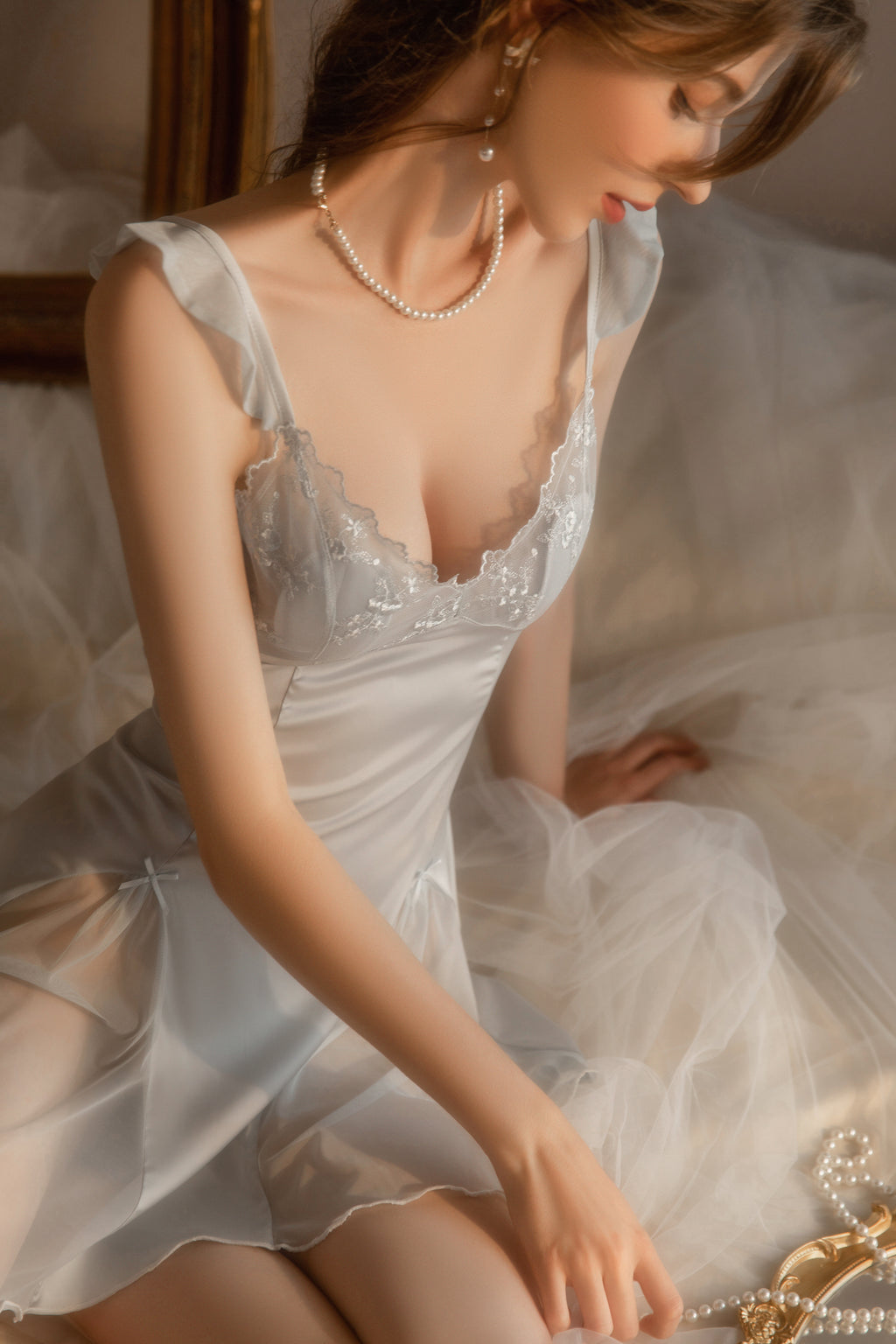 Lace Trimmed Satin Chemise with Deep V-Neck and Flared Skirt