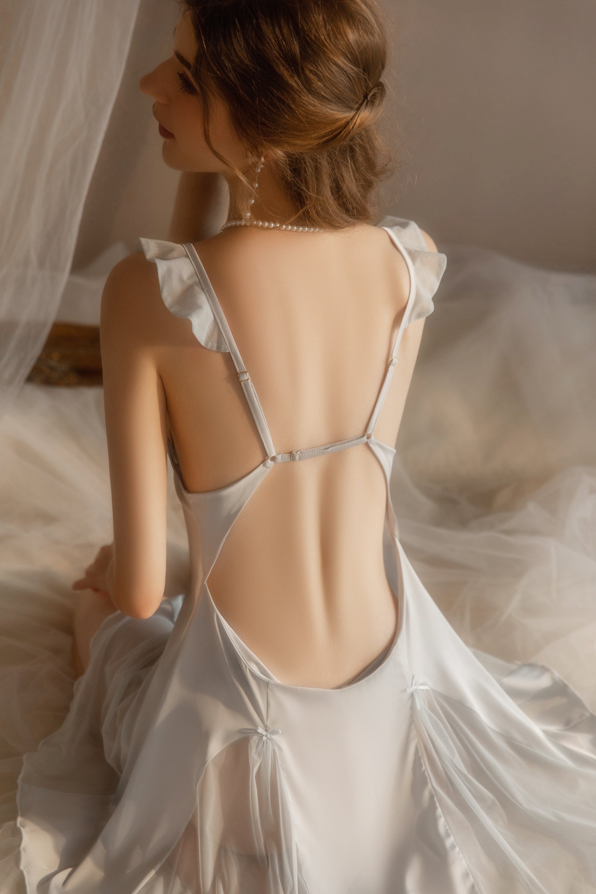 Lace Trimmed Satin Chemise with Deep V-Neck and Flared Skirt