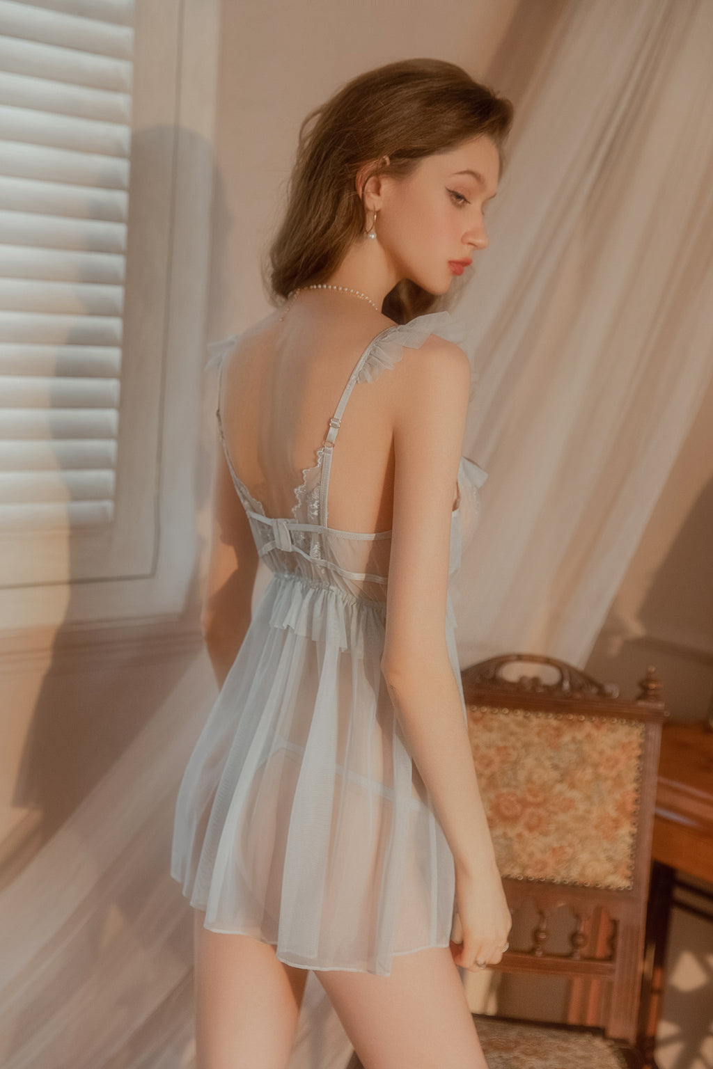Lace Trimmed Satin Babydoll with Ruffled Hem and Adjustable Straps