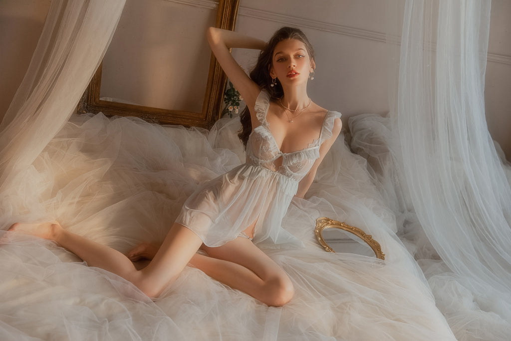 Lace Trimmed Satin Babydoll with Ruffled Hem and Adjustable Straps