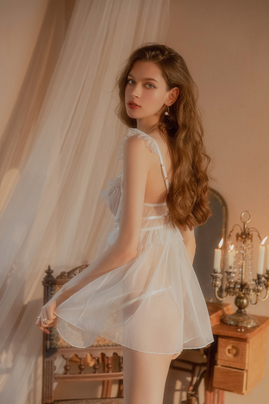 Lace Trimmed Satin Babydoll with Ruffled Hem and Adjustable Straps