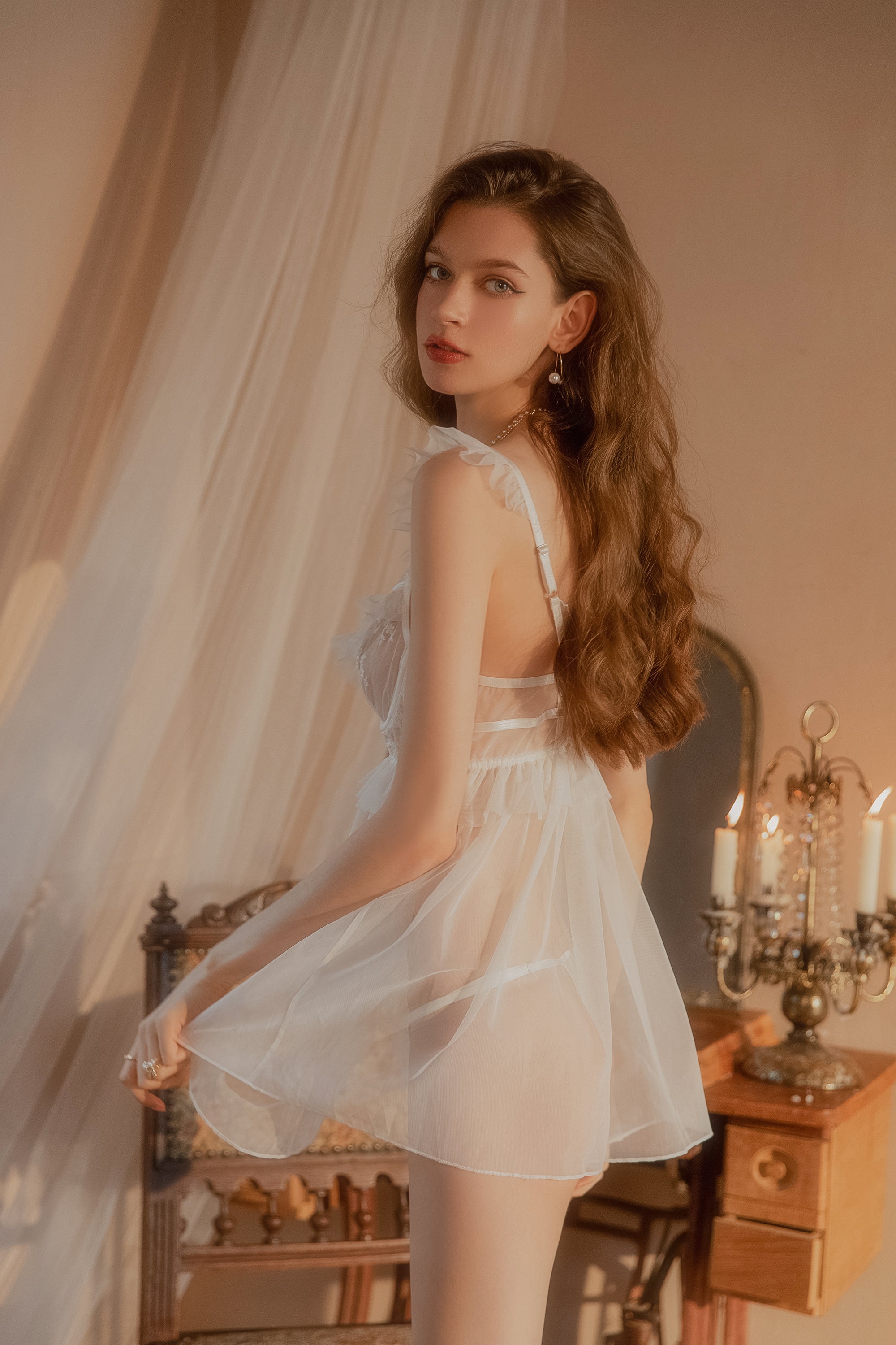Lace Trimmed Satin Babydoll with Ruffled Hem and Adjustable Straps