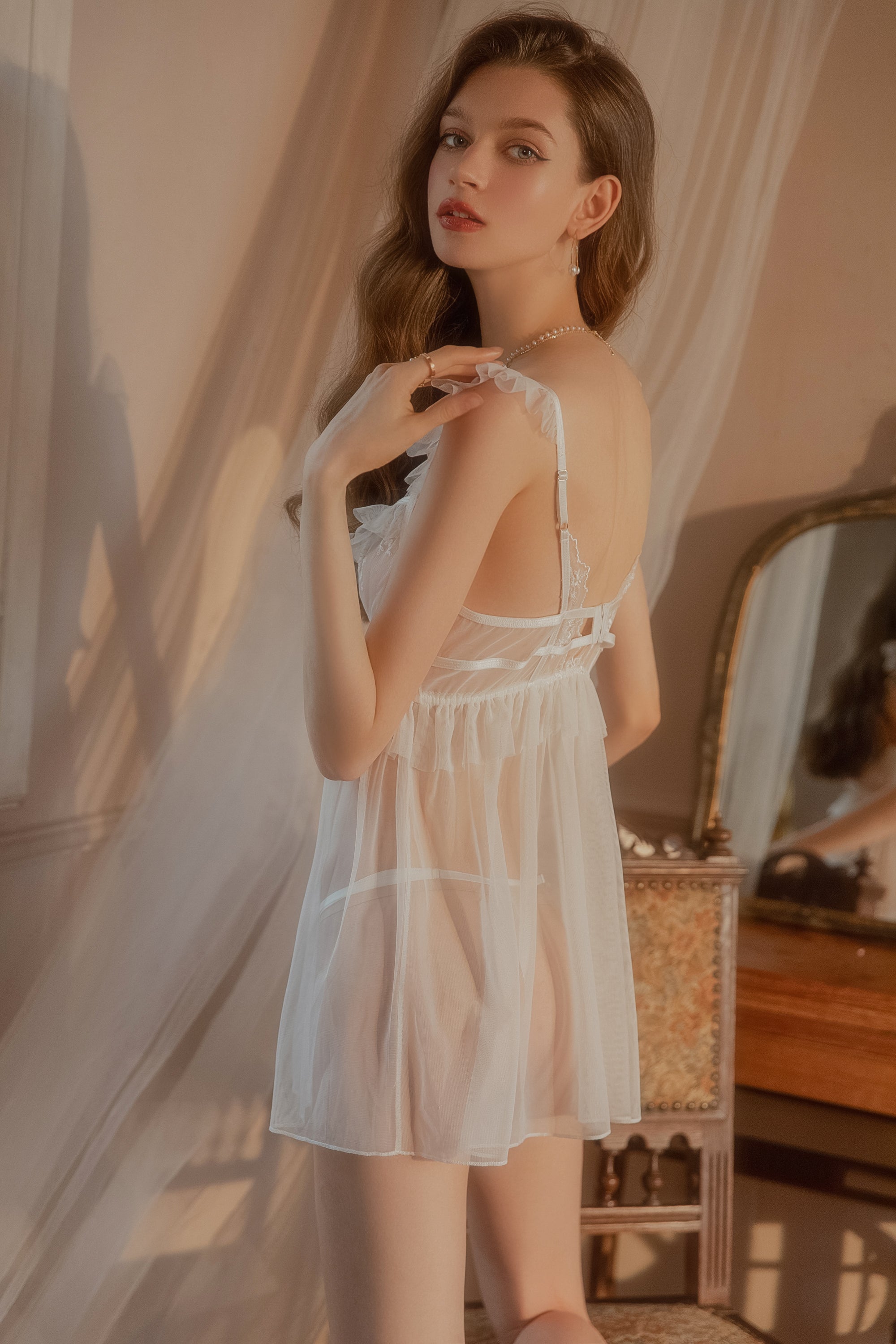 Lace Trimmed Satin Babydoll with Ruffled Hem and Adjustable Straps