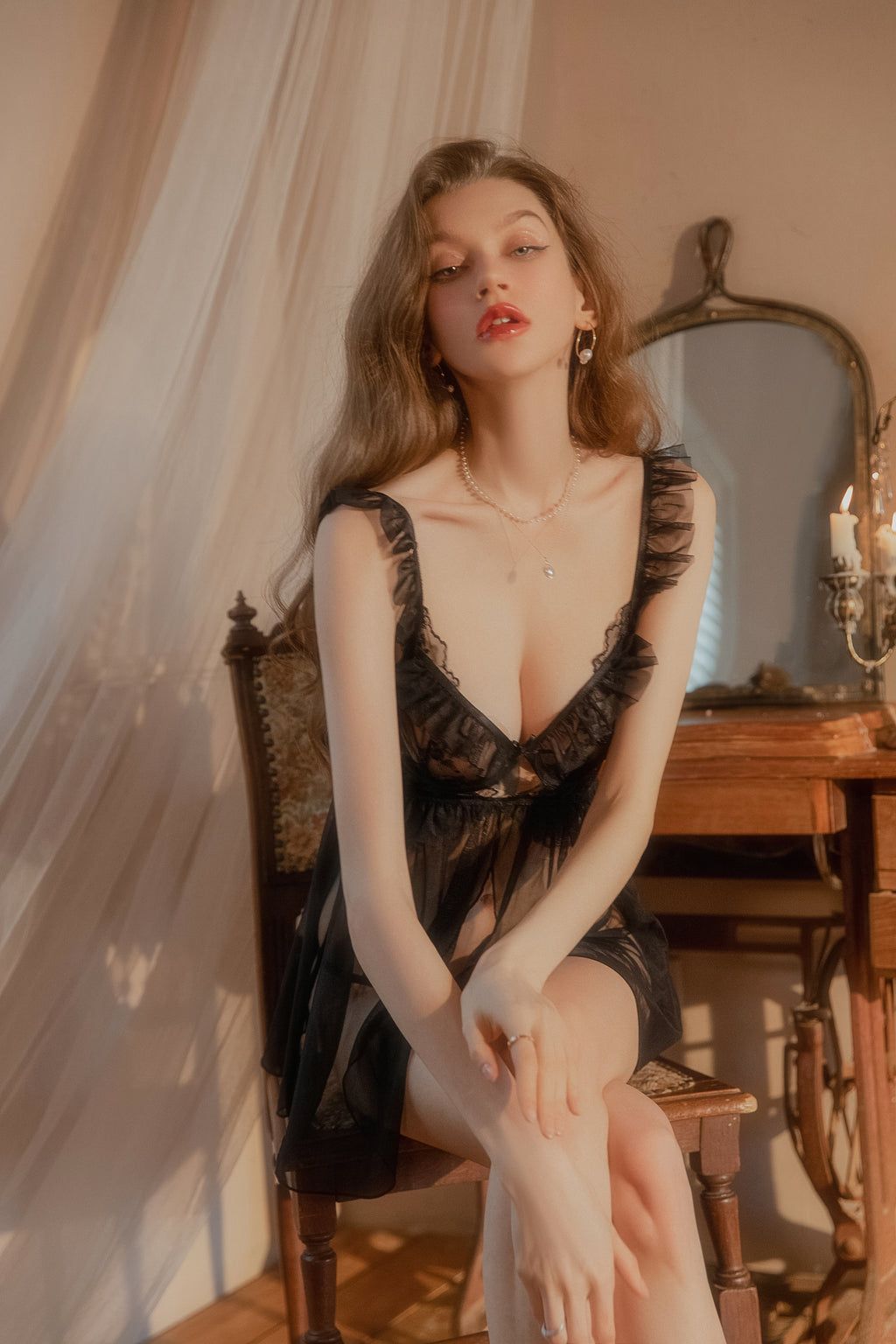 Lace Trimmed Satin Babydoll with Ruffled Hem and Adjustable Straps