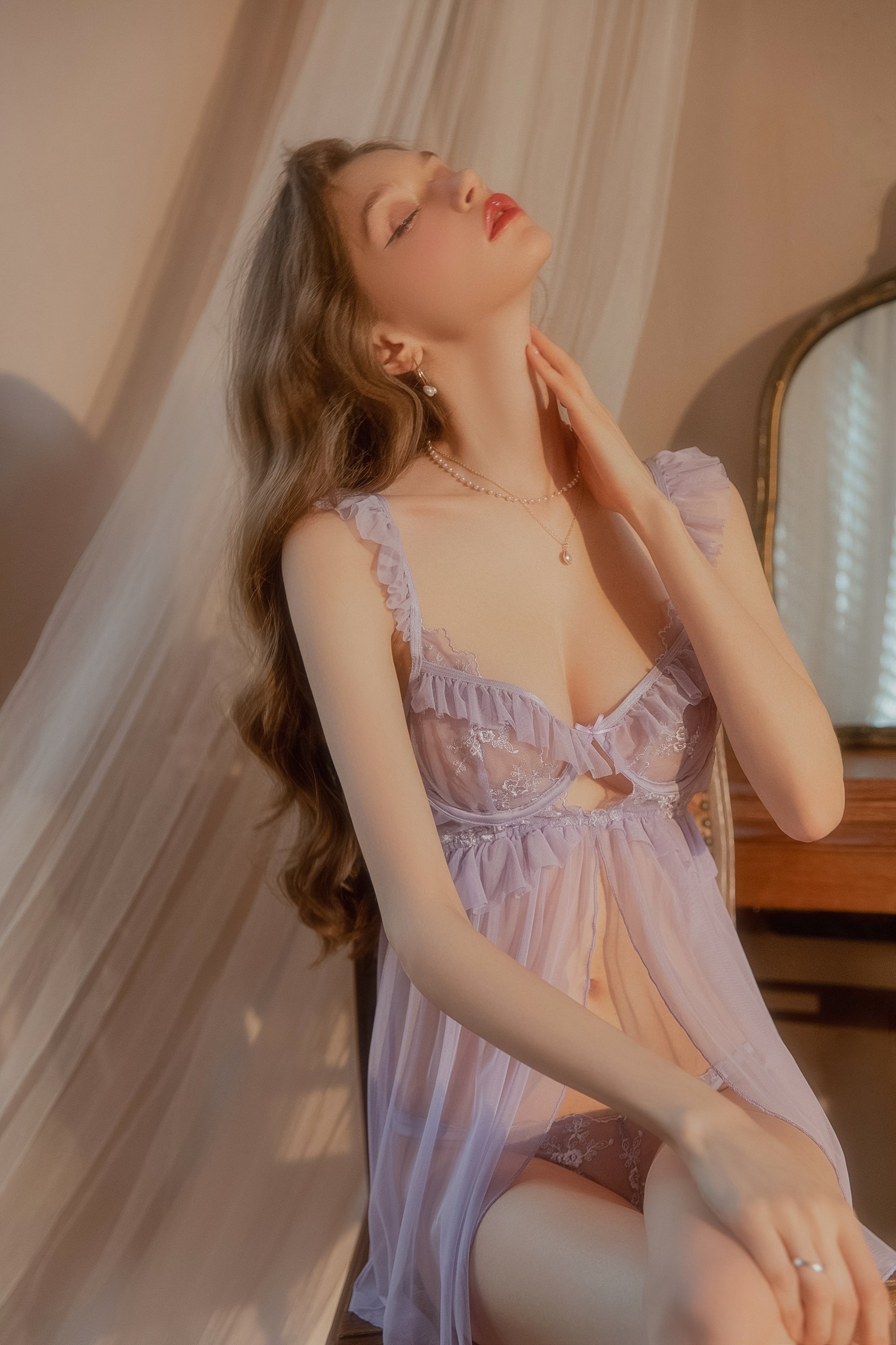 Lace Trimmed Satin Babydoll with Ruffled Hem and Adjustable Straps