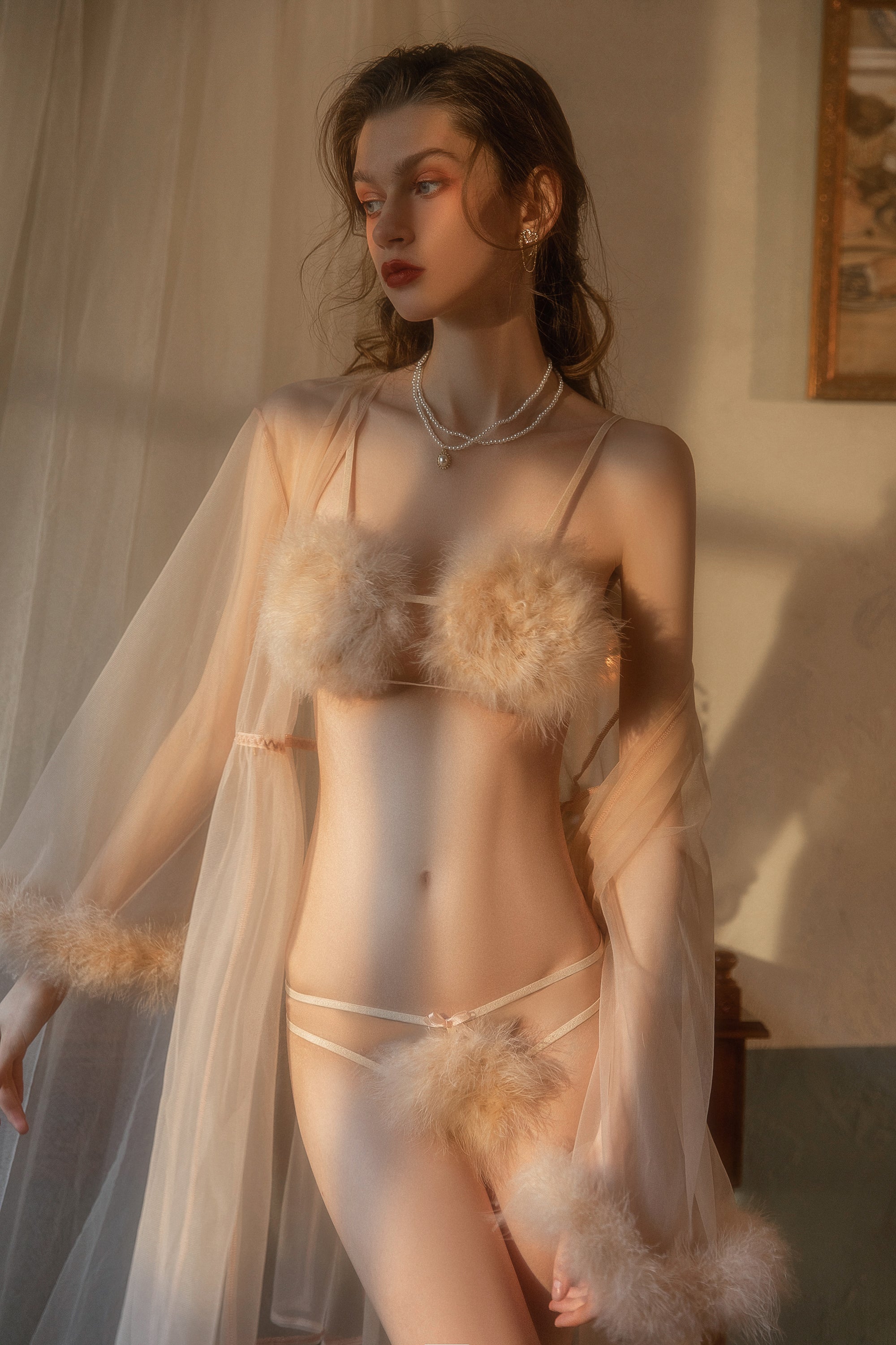 Sheer Mesh Babydoll with Floral Lace Overlay and Ruffled Hem