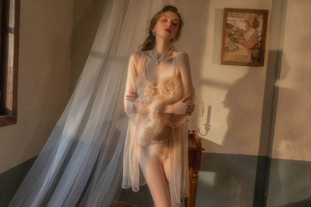 Sheer Mesh Babydoll with Floral Lace Overlay and Ruffled Hem