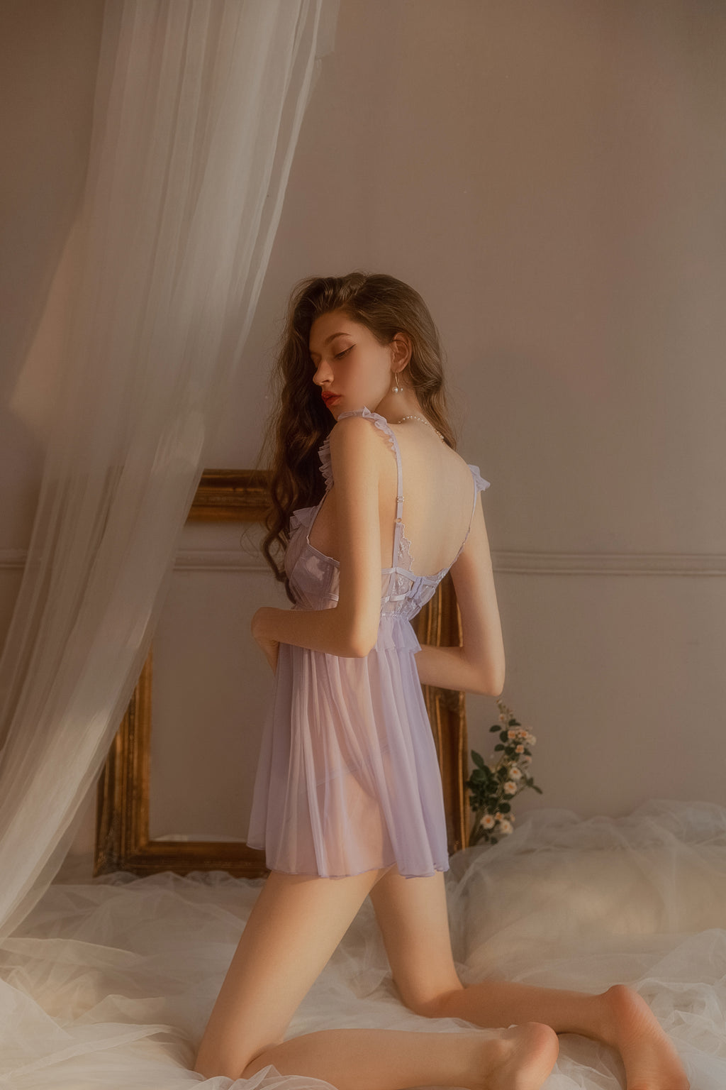 Lace Trimmed Satin Babydoll with Ruffled Hem and Adjustable Straps