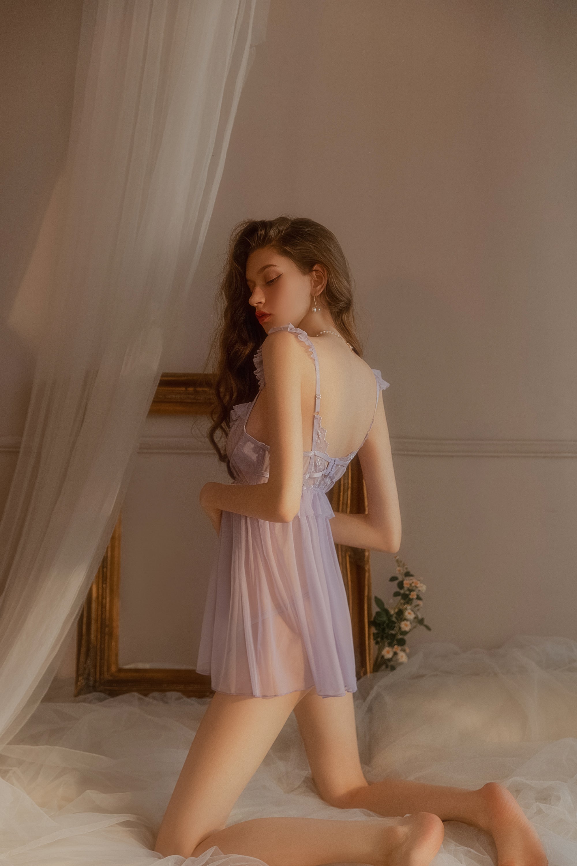 Lace Trimmed Satin Babydoll with Ruffled Hem and Adjustable Straps