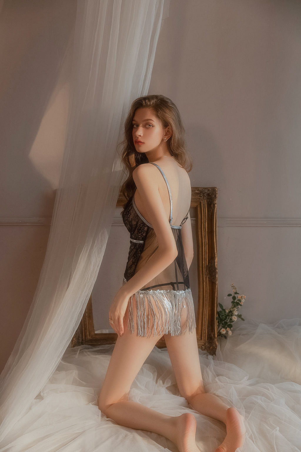 Sheer Mesh Babydoll with Lace Trim and Adjustable Straps