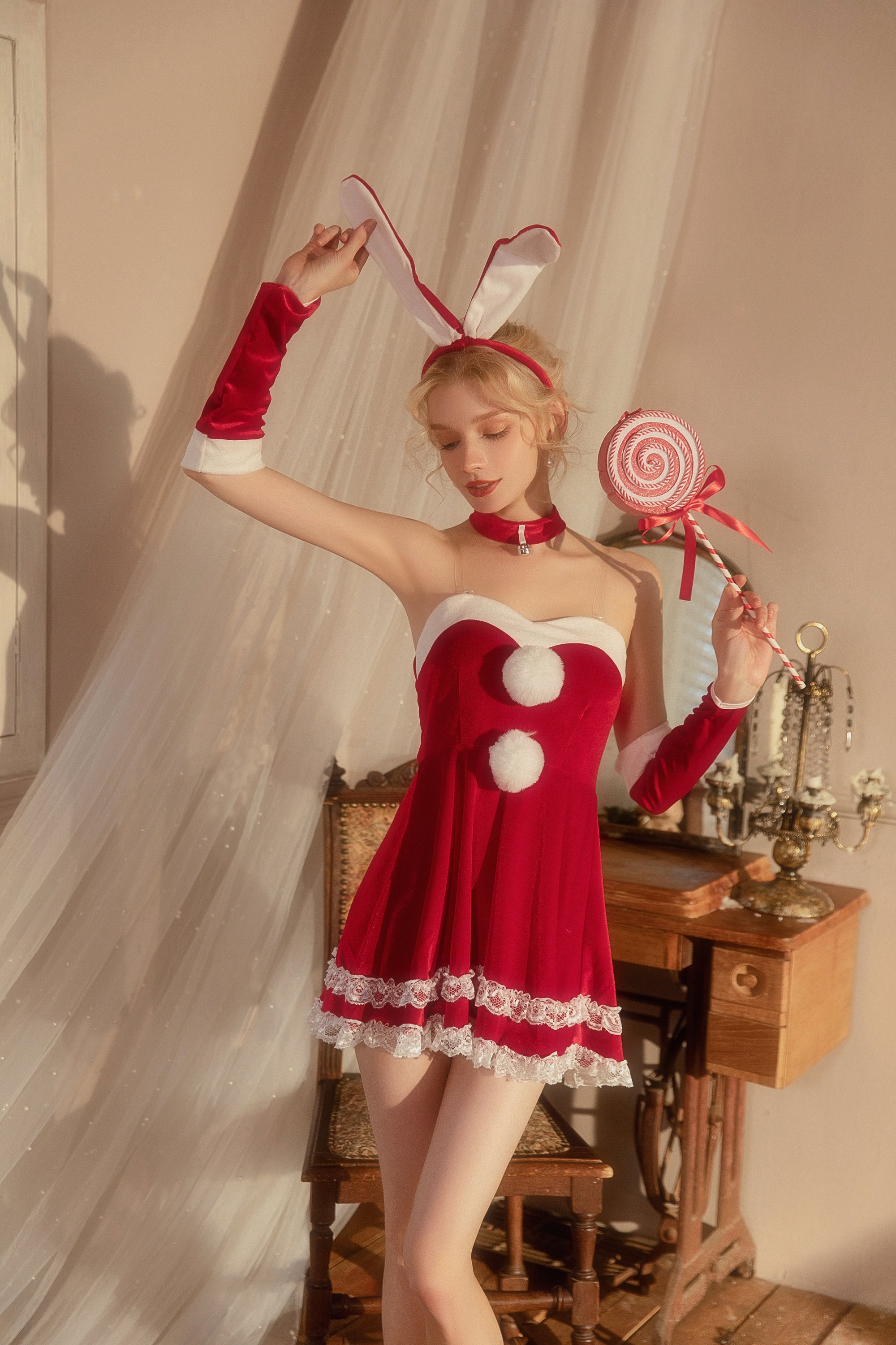Christmas Cosplay Lingerie with Pom-Pom Trim