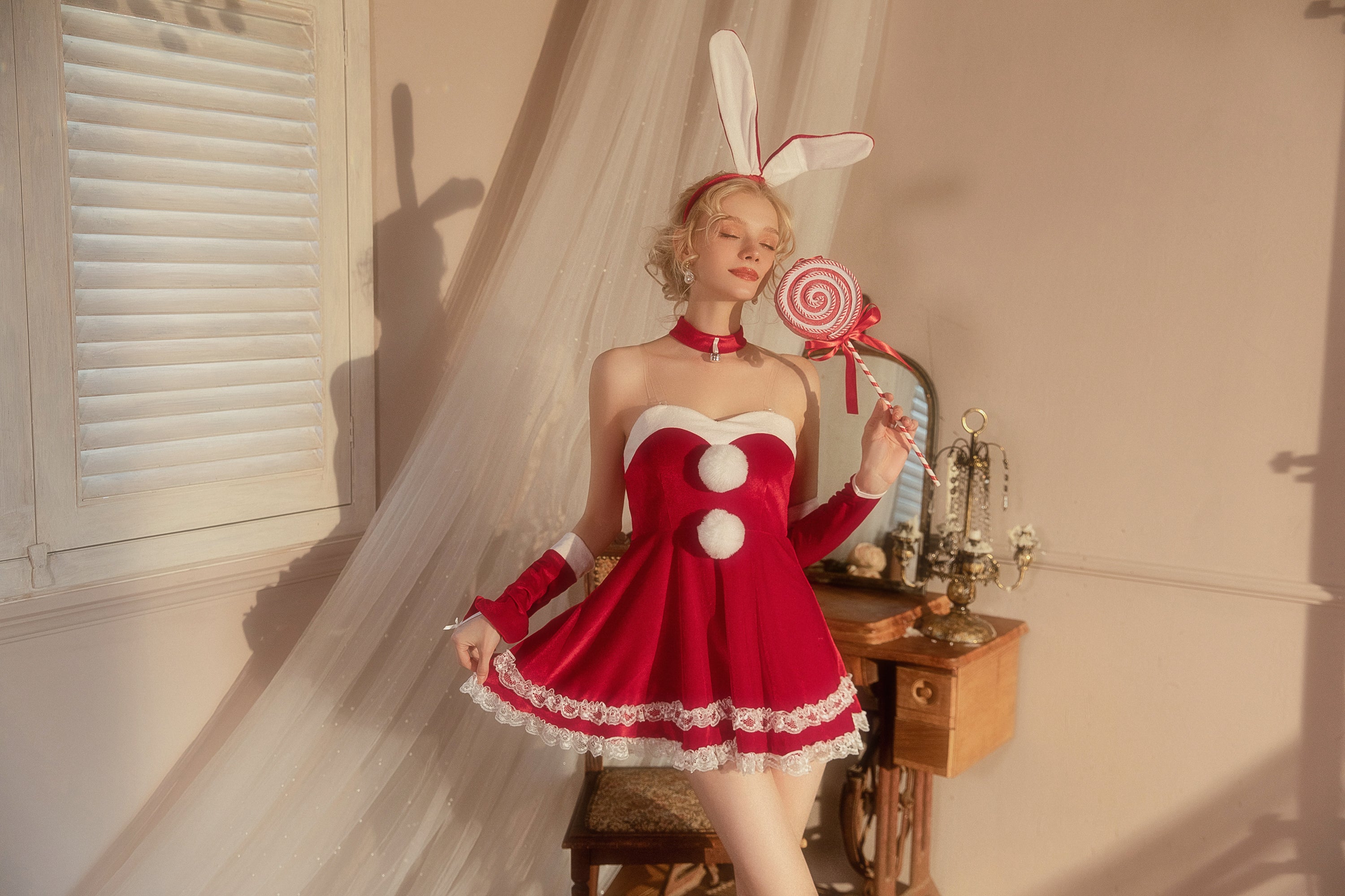 Christmas Cosplay Lingerie with Pom-Pom Trim