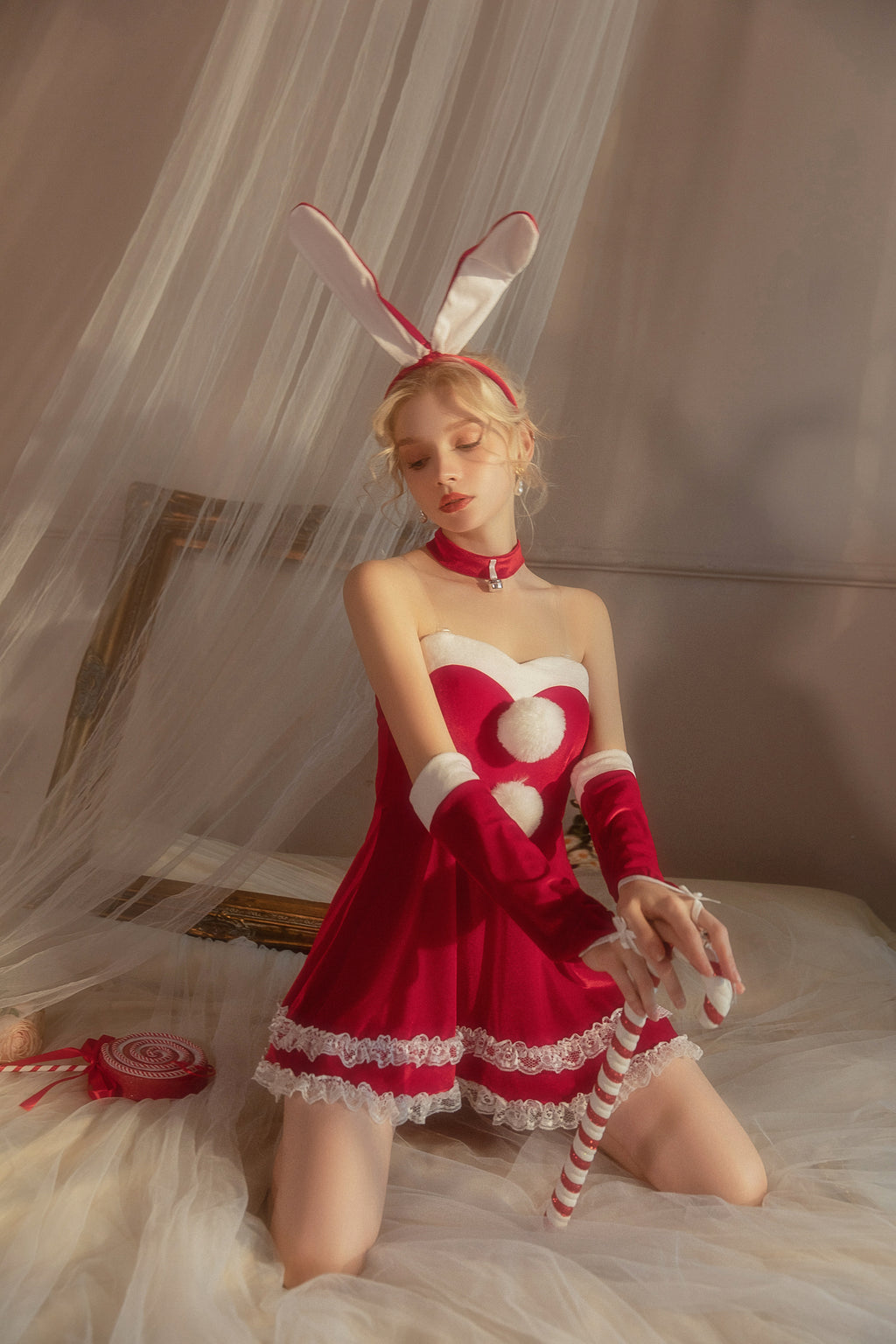Christmas Cosplay Lingerie with Pom-Pom Trim