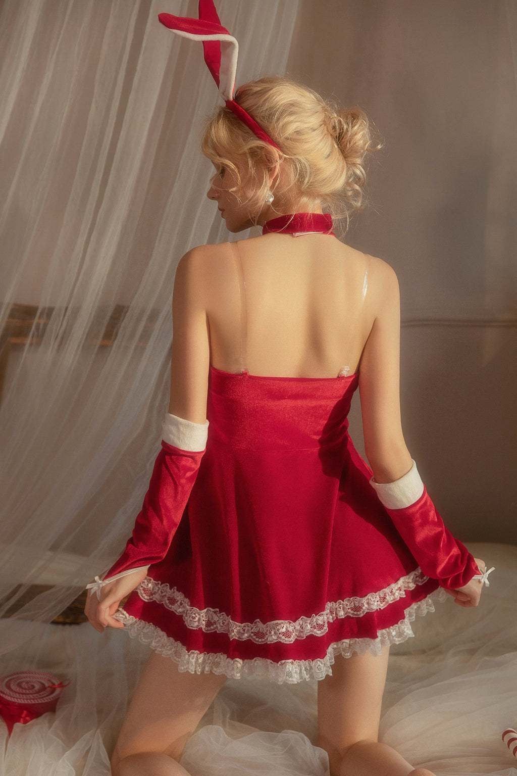 Christmas Cosplay Lingerie with Pom-Pom Trim
