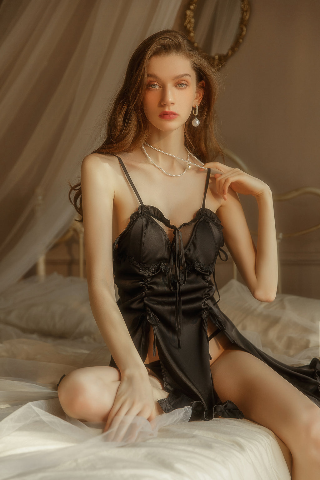 Cloud White Ruffle Babydoll    lace-up teddy, nude lingerie, cutout detail, sheer mesh, delicate & seductive 1671 号