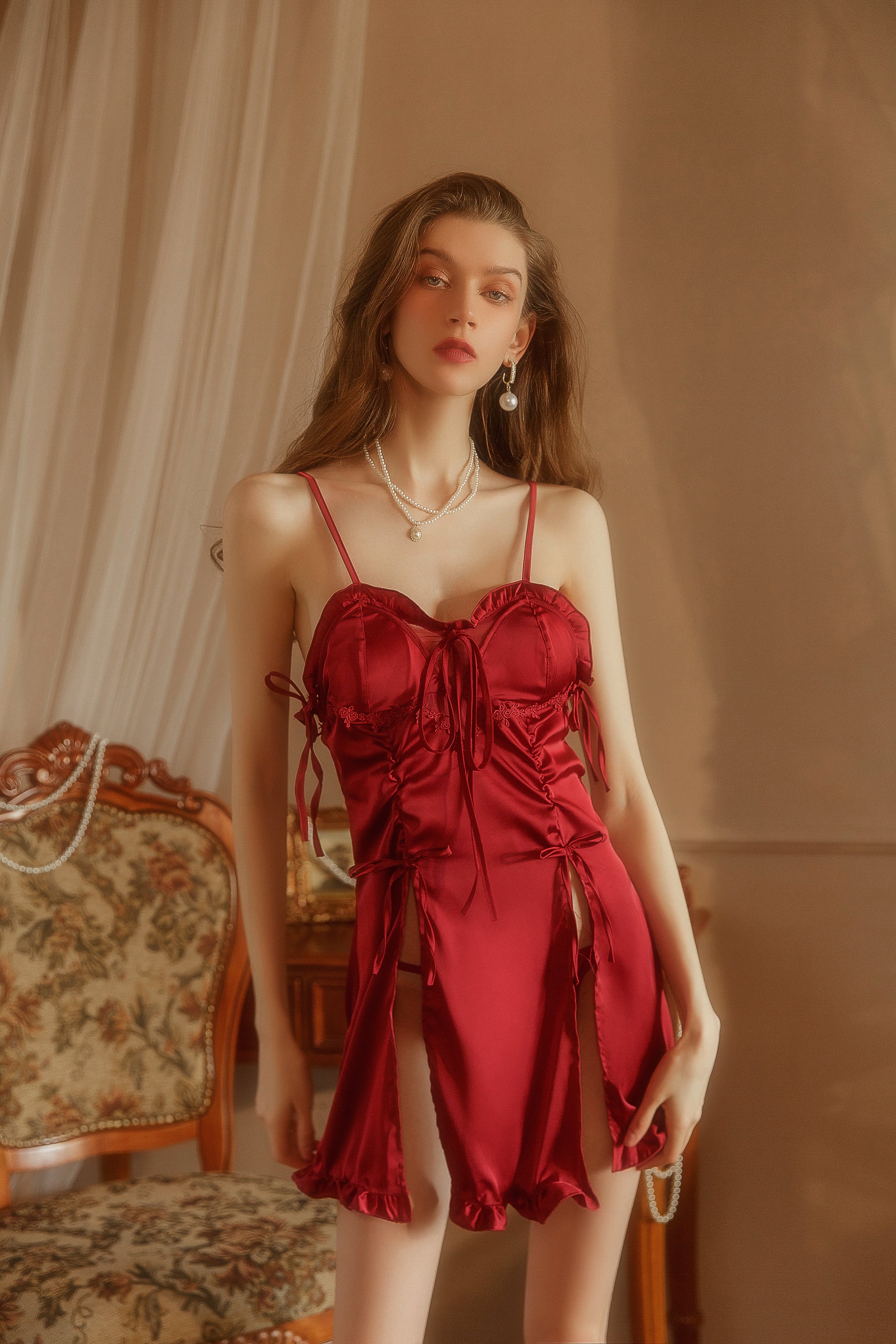 Cloud White Ruffle Babydoll    lace-up teddy, nude lingerie, cutout detail, sheer mesh, delicate & seductive 1671 号