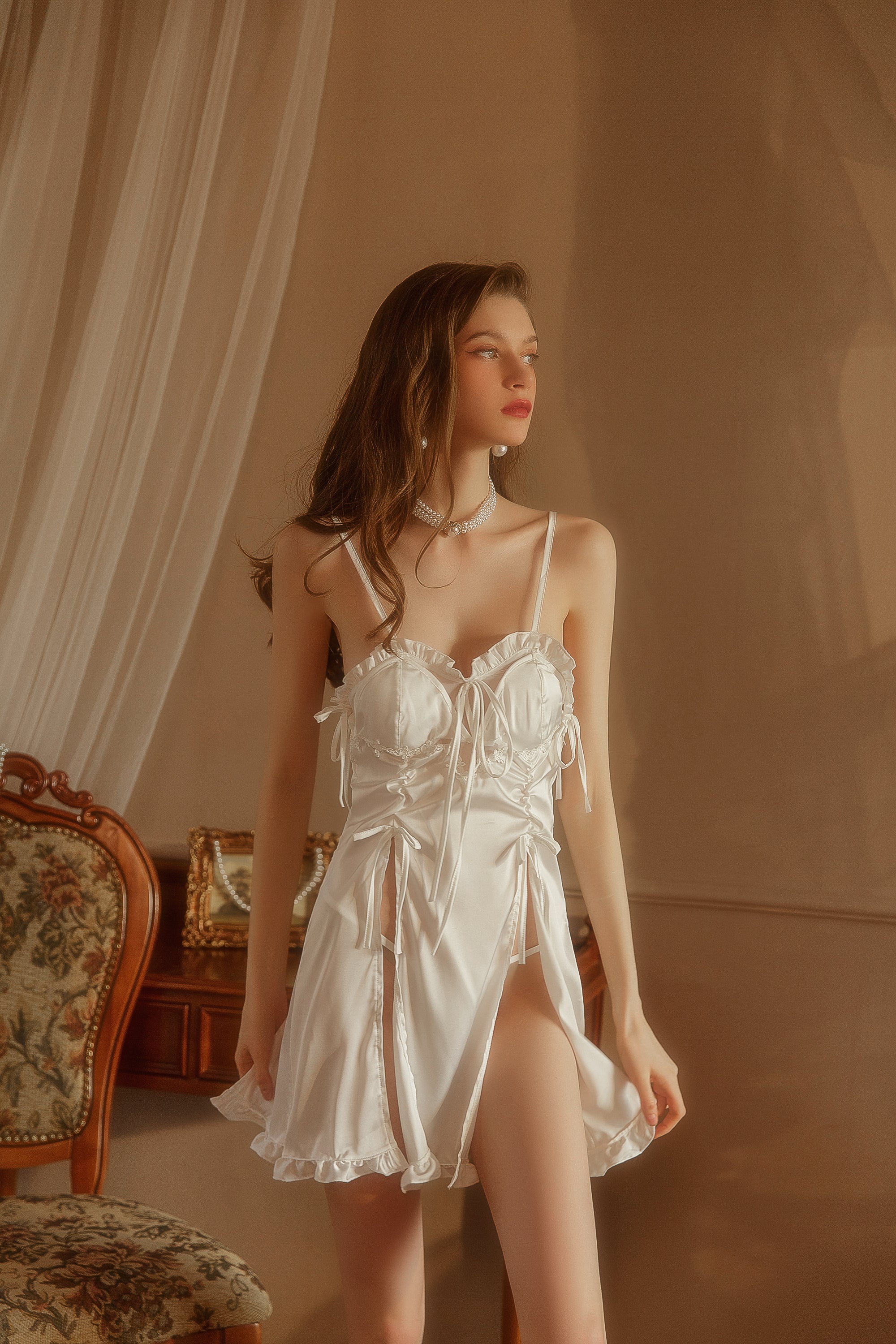 Cloud White Ruffle Babydoll    lace-up teddy, nude lingerie, cutout detail, sheer mesh, delicate & seductive 1671 号