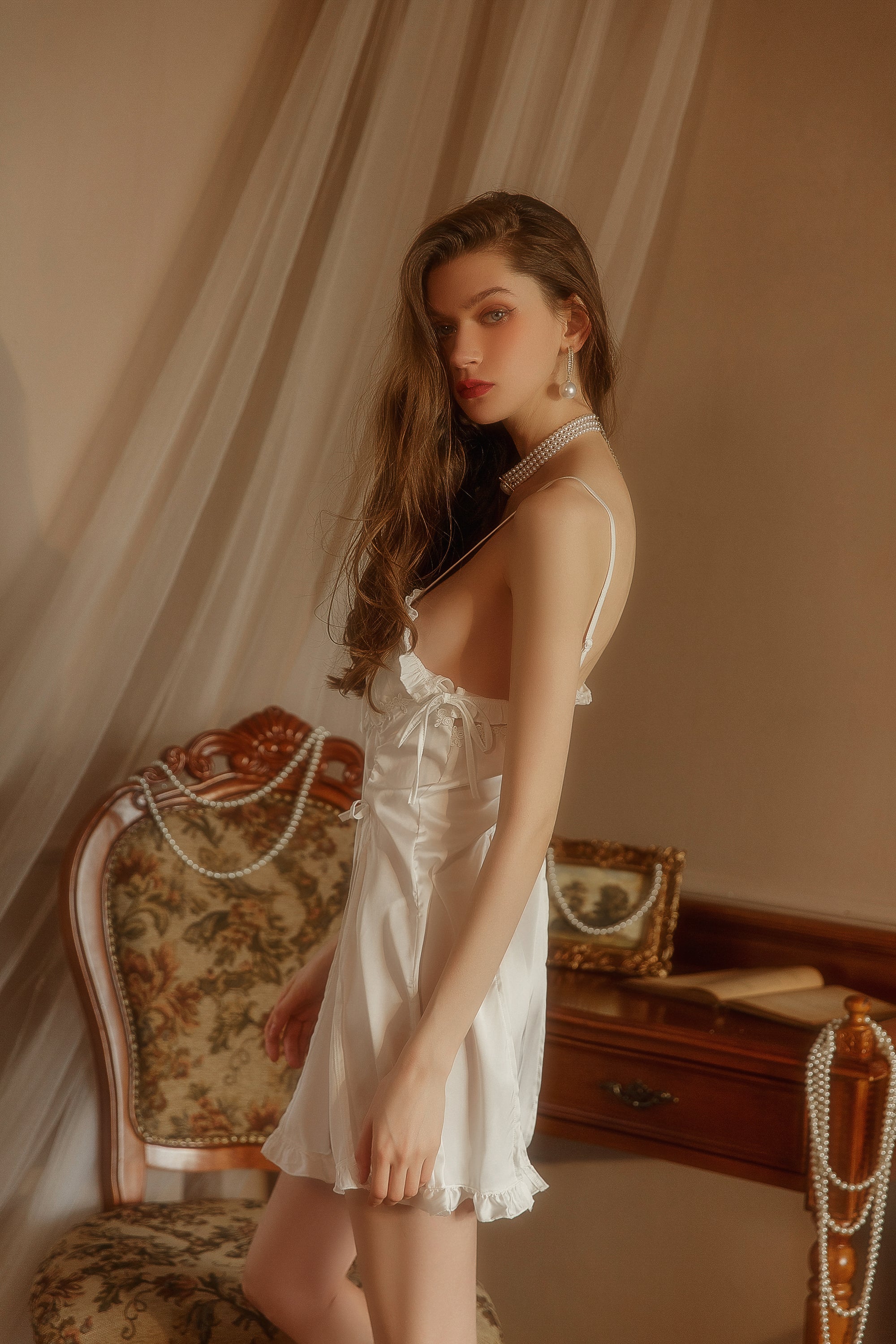 Cloud White Ruffle Babydoll    lace-up teddy, nude lingerie, cutout detail, sheer mesh, delicate & seductive 1671 号