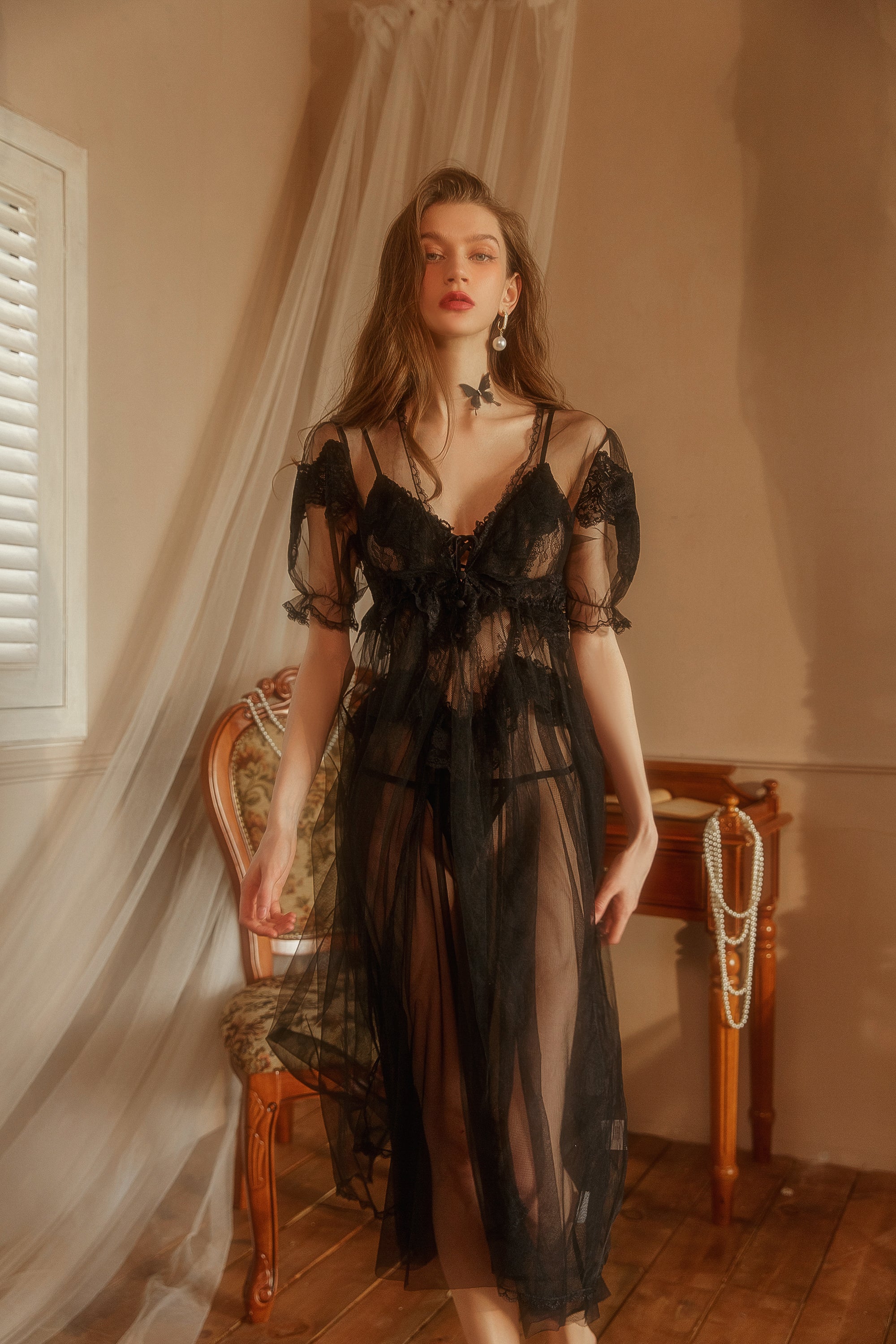 Powder Blue Lace Chemise                powder blue chemise, lace lingerie, deep V neck, asymmetrical hem, elegant & flirty