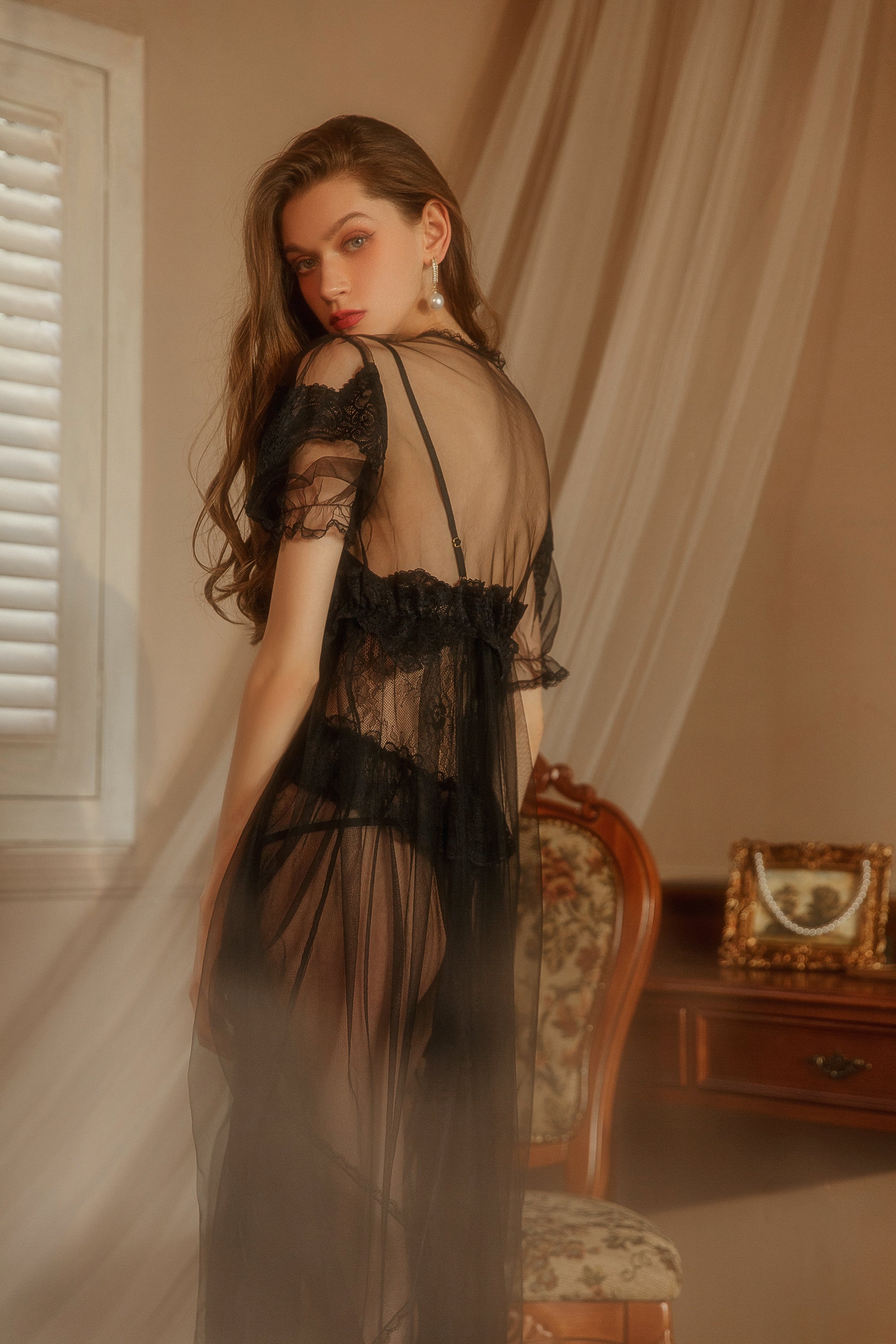 Powder Blue Lace Chemise                powder blue chemise, lace lingerie, deep V neck, asymmetrical hem, elegant & flirty