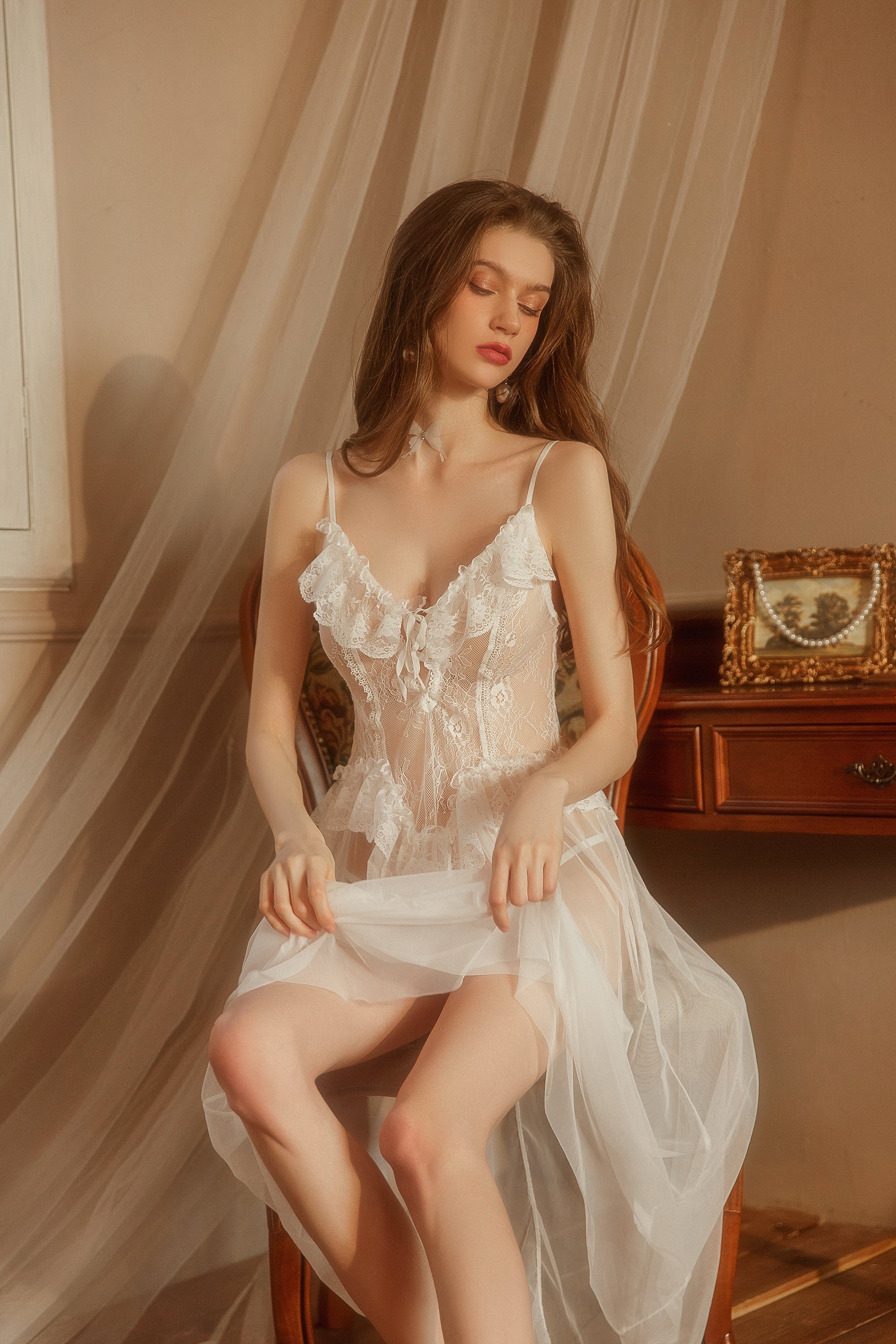 Powder Blue Lace Chemise                powder blue chemise, lace lingerie, deep V neck, asymmetrical hem, elegant & flirty