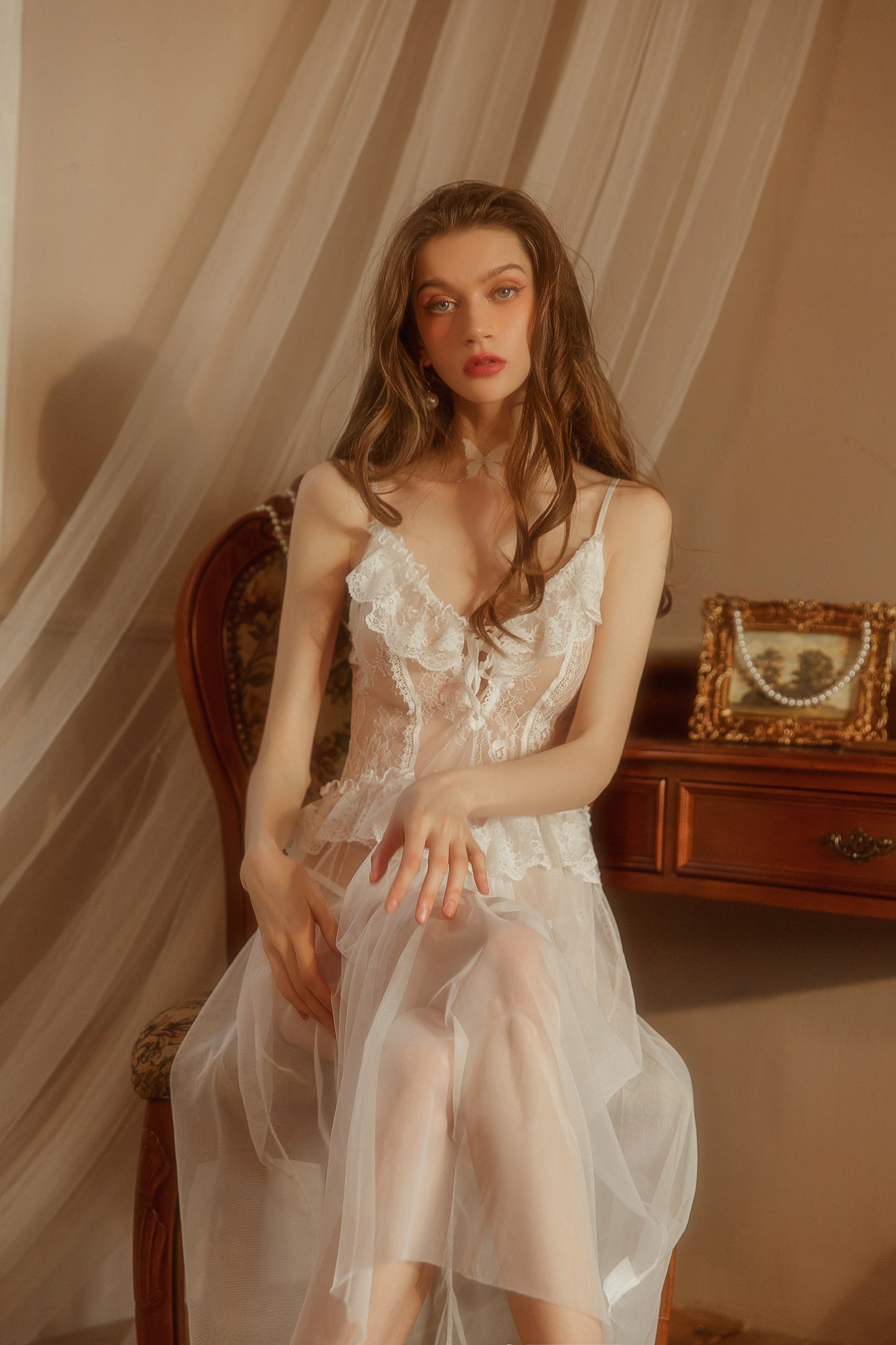 Powder Blue Lace Chemise                powder blue chemise, lace lingerie, deep V neck, asymmetrical hem, elegant & flirty